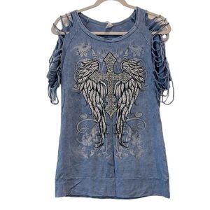 Liberty Wear Torn Apart Embellished Short Sleeve Tee Denim Mineral Wash M    